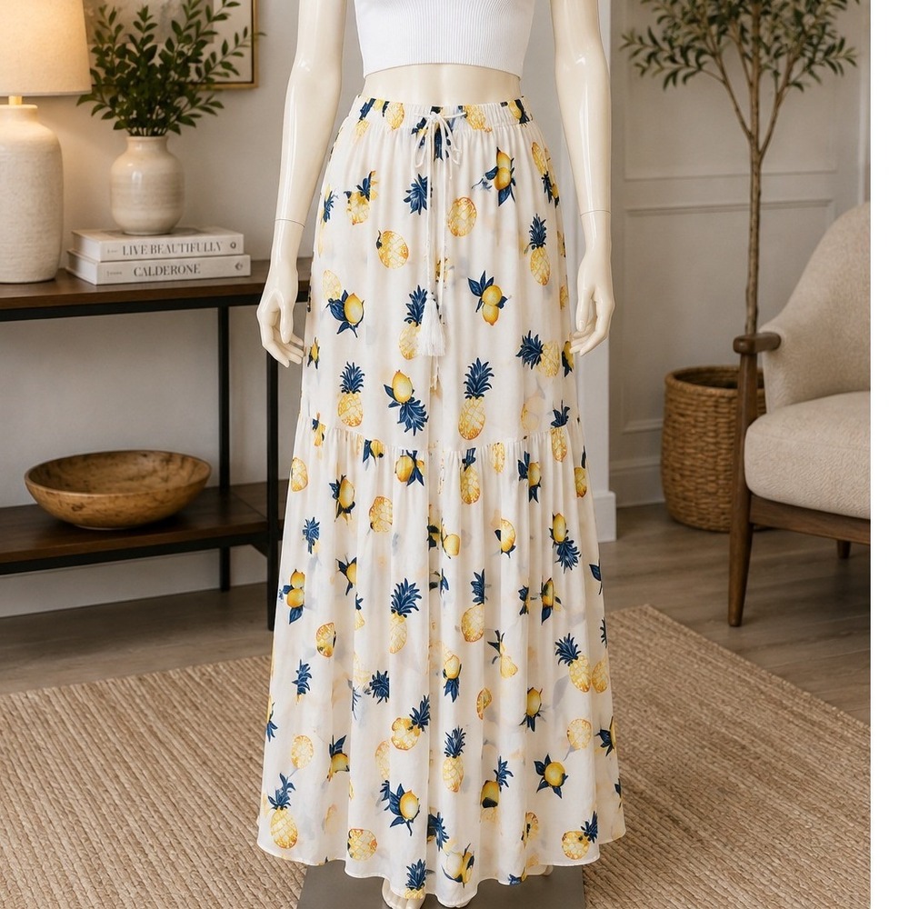 Altar'd State Womens Maxi Skirt Tropical Pineapple Lemon Print White Small